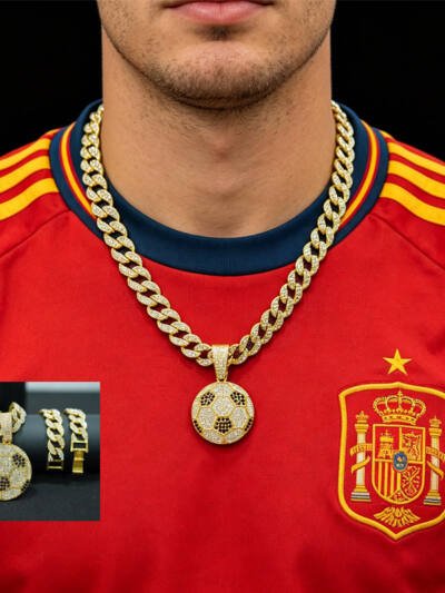 13mm Width Football Pendant Necklace,Cuban Link Chain With Bling Football Charm, Hip Hop Jewelry For Men & Women, Perfect For Sports Fans & Rapper Style