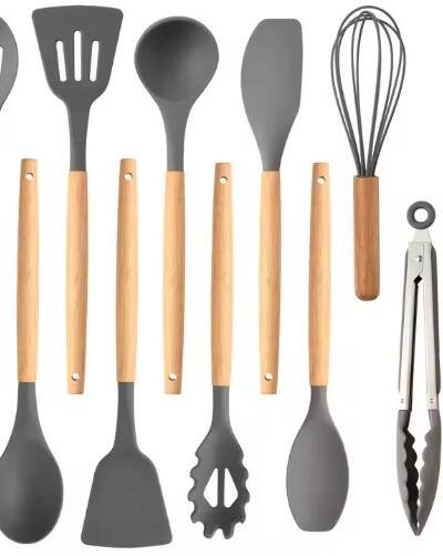 Non-Stick Silicon 12 Pcs Heat Resistant Wooden Handle Kitchen Cooking Utensils Set, Gray Color