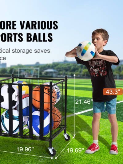 VEVOR Rolling Sports Ball Storage Cart, Lockable Basketball Cage With Elastic Straps, Sport Equipment Holder Organizer For Indoor Outdoor, Steel Storage Rack For Garages, Playgroup, Gym And Schools