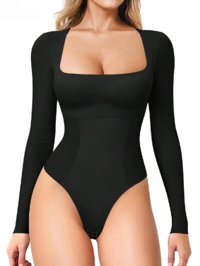 Women's Long Sleeve Square Neck Tummy Shaper Bodysuit Sexy Slimming Elegant Lingerie
