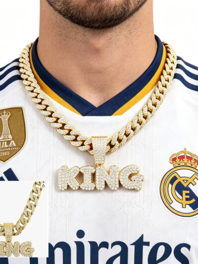 13mm Width Football Pendant Necklace,Full Diamond King Fashion Pendant Necklace, 3D Diamond Gold Zinc Alloy Stainless Steel Religious Zircon