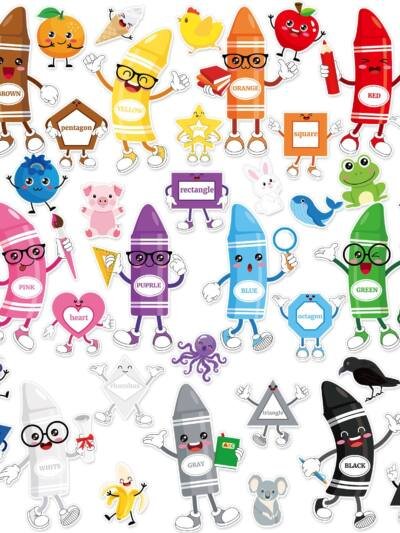 50 Pcs Color Bulletin Board Classroom Decorations,Crayon Shapes Fruit Animal Cutouts Color Posters For Toddler Kids Learning Nursery Preschool Classroom Chalkboard Back To School Home Wall Door Decor