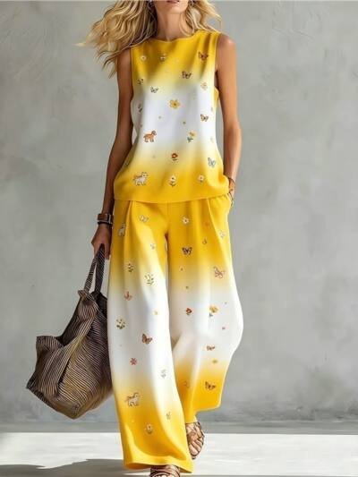New-style Rainbow Tie-dye Sleeveless Crew-neck Top And Wide-leg Pants Womens Casual Two-piece Set