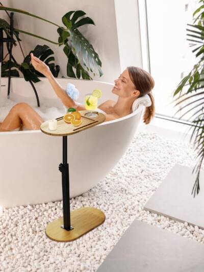 Bath Tub Tray Table, Liftable Freestanding Bamboo Bath Tray Caddy For Tub Against Wall, Bath Table Tray Tub Shelf Bathroom Organizer Shelf For Luxury Spa, Bath Home Spa Bathtub Accessories