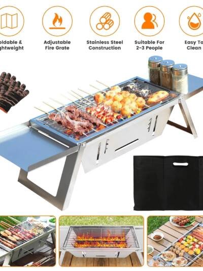 3 In 1 Foldable Charcoal Grill Fire Pit Slow Cooker 2-3 People Portable Camping Grill Stainless Steel BBQ Grill For Camping Tailgating Yard GPCT5452