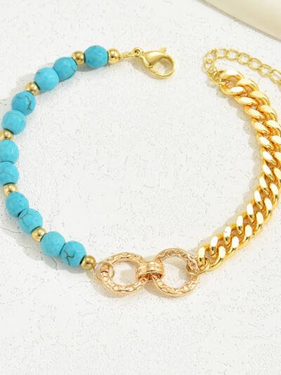 A Creative And Luxurious Instagram Style Double Ring Turquoise Multi Chain Mixed Bead Bracelet For Women's Vacation And Date Gifts
