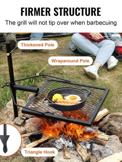 VEVOR Swivel Campfire Grill, Fire Pit Grill Grate Over Fire Pits, Heavy Duty Steel Grill Grates, 360Adjustable Open Fire Outdoor Cooking Equipment, Portable Camp Fire Racks For Camping Outdoor BBQ