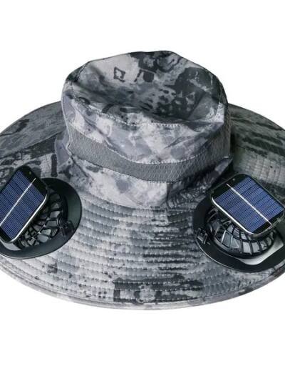 Outdoor Wide Brim Sun Hat With 2 Rechargeable Fans Solar Powered 3 Wind Speeds UPF50+ Breathable Waterproof Nylon Mesh Outdoor Hat For Hiking Camping Hunting Fishing