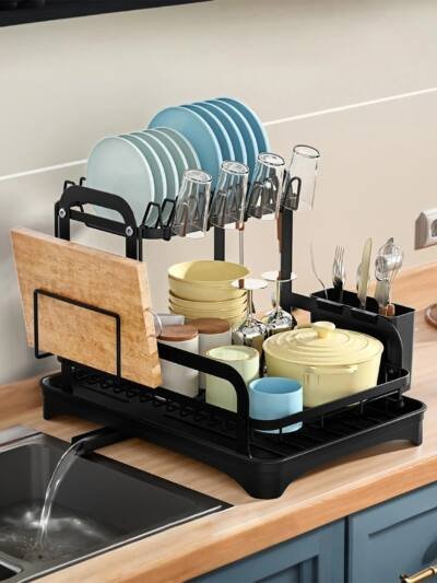 1Pc  2-Tier Dish Drying Rack For Kitchen Counter Space Saving Rustproof Dish Rack With Drainboard Detachable Kitchen Drainer Organizer Set With Utensil Holder Bowl Rack Dish Rack Chopping Board Rack