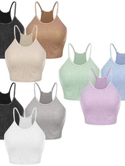 3 Pack Women Crop Basic Tank Top Ribbed Knit Sleeveless Round Neck 9 Color Machine Wash Summer Crop S To XL