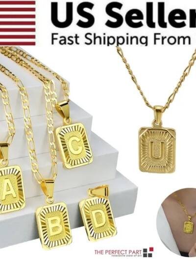 Gold Plated Initial Letter Pendant Necklace Stainless Steel Figaro Chain