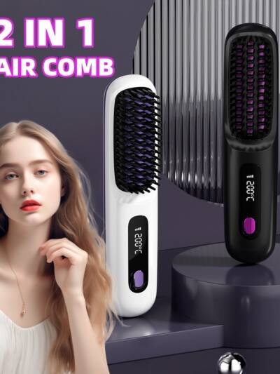 2 In 1 Straight Hair Comb Wireless Hair Straightener Brush Hair Fast Heating Portable Hot Curler USB Charging