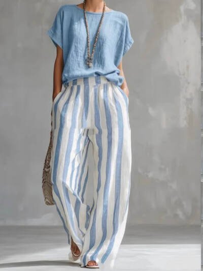 Short-sleeved Trousers Suit Summer Fashion Round Neck Pullover T-Shirt And Striped Print Straight Leg Pants Two-Piece Clothing For Women