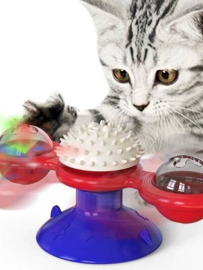 Interactive Windmill Cat Toy With LED Light Ball, Suction Cup, And Catnip Indoor Cat Exercise And Entertainment Set.