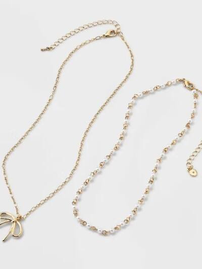 14/16" Acrylic Pearl & Bow Necklace Set 2 Pc - Gold