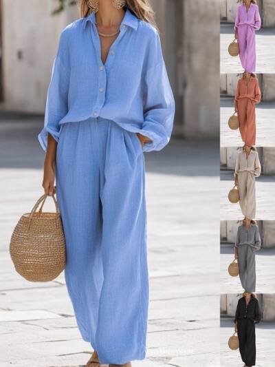 Women's Casual Lapel Long-sleeve Shirt And Trousers Set