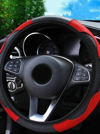 Car Steering Wheel Cover Red Black Leather Anti-slip For Carbon Fiber