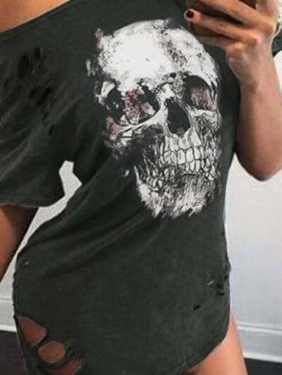 Autumn Loose Skull Printed T-shirt