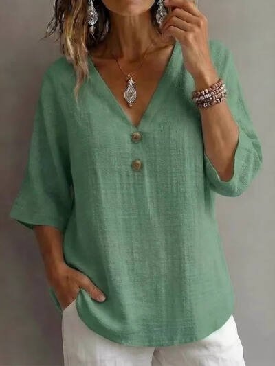 V-neck Button-up Loose-fitting Top For Women