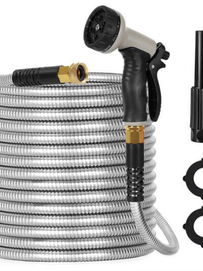 Metal Garden Hose, 100ft Stainless Steel Flexible Water Hose With 10 Adjustable Patterns Spray Nozzle, Heavy Duty Water Pipe , Kink Free , 2 Nozzles