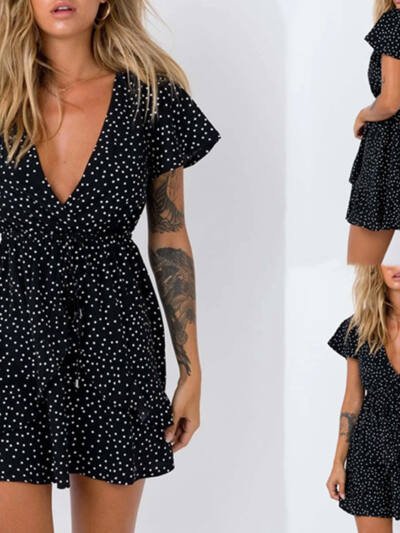 V-neck Polka Dot Waist Slimming Dress