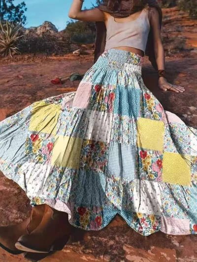 Printed Stitching Women's Popular Floral Skirt Long