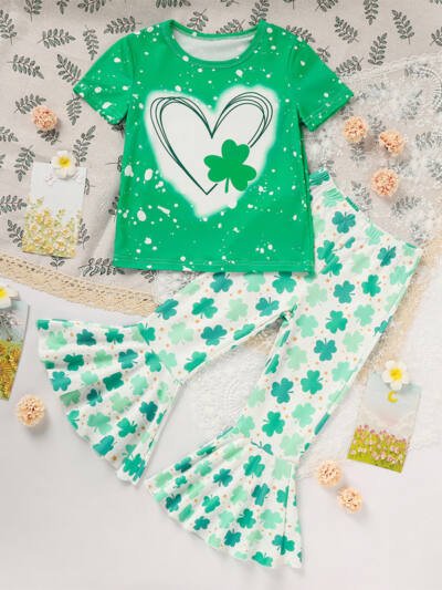 Girls Clover Print T-Shirt & Flare Pants Set