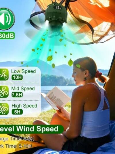 Rechargeable Camping Ceiling Fan with LED Lantern & Remote, 10400mAh