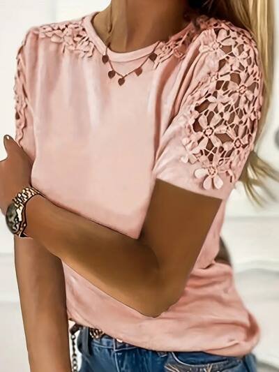 Women's Summer Lace Short Sleeve Crew Neck T-Shirt Top Blouse