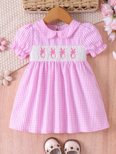 Toddler Girl's Lapel Bubble Sleeve Dress, Checkered Pattern & Bunny Embroidery A-Line Summer Dress