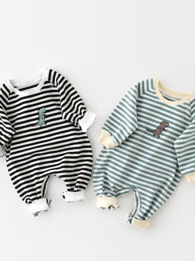 Male And Female Baby Cartoon Striped Dinosaur Embroidery Long-Sleeved Jumpsuit