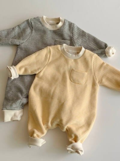 Wear striped baby jumpsuits outside