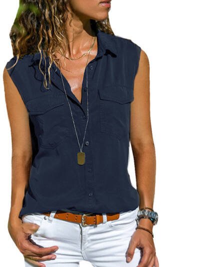 Ladies Top Lapel Solid Color Sleeveless Shirt
