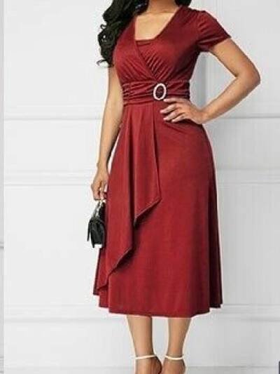 Sexy Asymmetrical V-neck Dress Women's High Waist Mid-length Solid Color Evening Dress