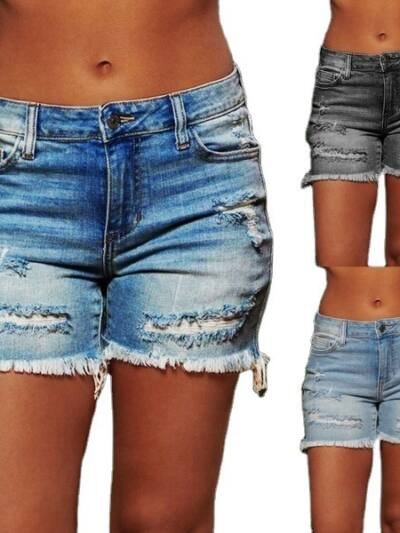 Ripped Fringed High Stretch Denim Shorts Women