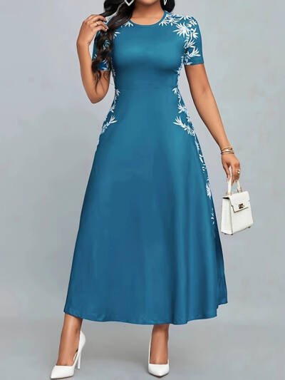 Women's Elegant Short Sleeve Maxi Dresses Casual Empire Waist Long