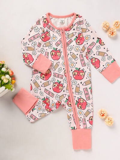 Adorable Infant Romper For Back To School Apple And Pencil Print Long Sleeve Jumpsuit Outfit