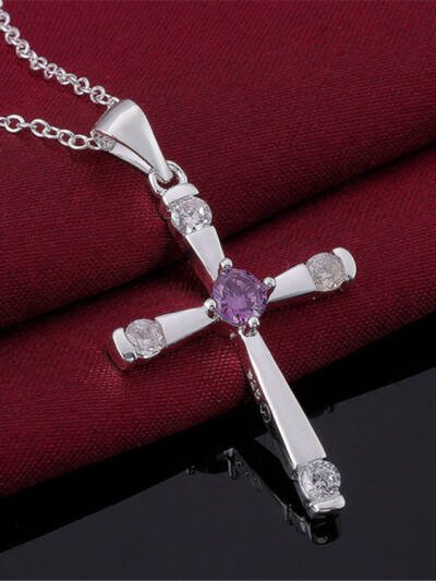 Fashion Jewelry Silver-plated Cross Purple Crystal Zircon Necklace
