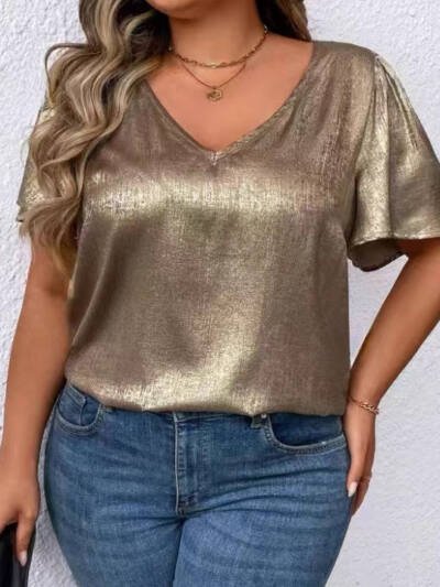 Loose-fit V-neck Solid-color Short-sleeve Top