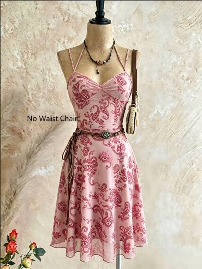 Paisley Print Halter Spaghetti Strap Mesh A Line Mini Dress