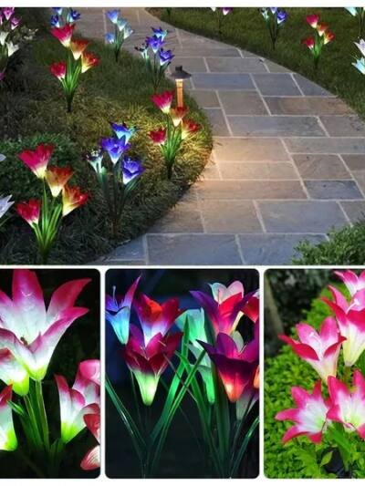 2Pcs Solar Garden Lights Outdoor Lily Flower LED Light 7-Color Changing IP65 Waterproof For Festival Decorations