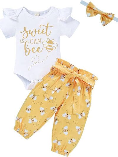 Baby Girl Honeybee Romper, Pants & Headband Set