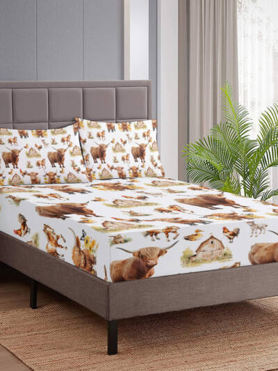 3pcs Little Cow And Duck Pet Theme Children's Fun Style Minimalist Comfort Series Bed Sheet And Two Pillowcases Bedding For All Seasons Use
