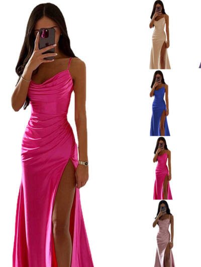 Breast Shrink Pleated Slit Satin Slim-fit Bag Buttock Dress