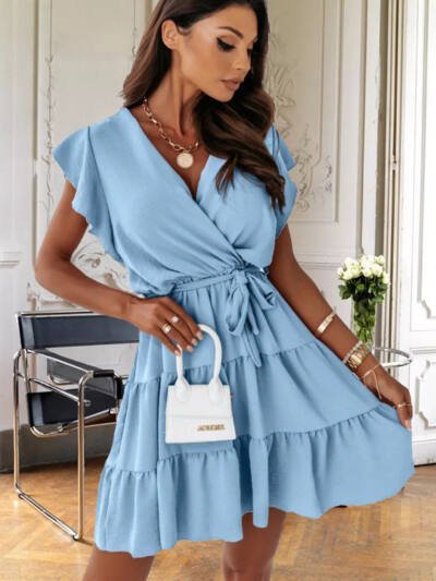 Women Summer Solid Color And V-neck Pullover Strap Waist Trimming