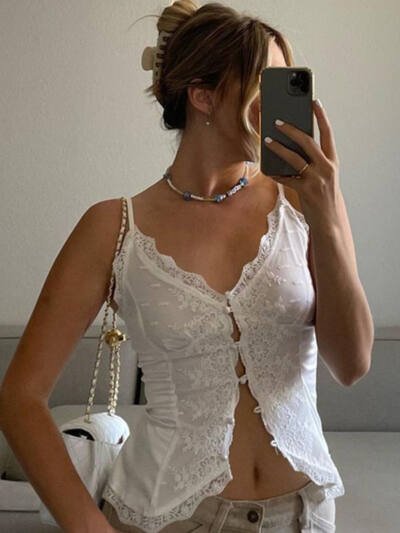 Women's American Style Hot Girl Style Lace Lace Sexy V-neck Cardigan Ties Buckle Camisole Small Tank Tops