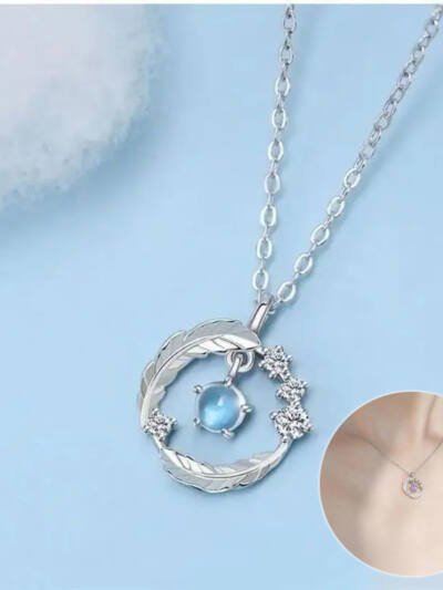 925 Silver Plated  Feather Shape Pendant Necklace Moonstone Round Bead Jewelry Choker Gift