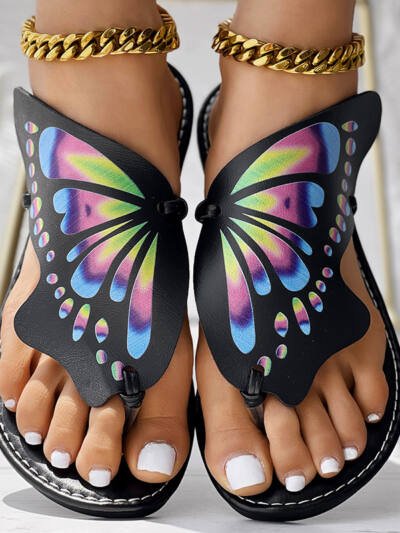 Butterfly Print Round Toe Flip Flops, Comfortable Summer Beach Shoes, Casual Women's Footwear, Perfect For Poolside And Daily Wear