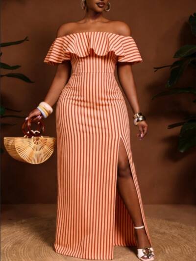Off Shoulder Ruffle Striped Maxi Dress