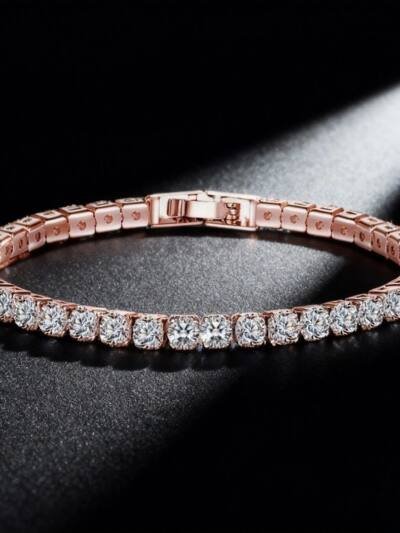 Sparkling Tennis Chain Bracelet, 14K Gold Plated Cubic Zirconia Wristband, Dainty Unisex Jewelry For Wedding, Party & Daily Wear